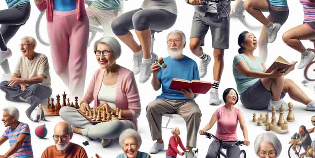Un grupo diverso de personas mayores que participan en diversas actividades como andar en bicicleta, jugar ajedrez, practicar yoga y leer libros. Un grupo diverso de personas mayores que participan en diversas actividades como andar en bicicleta, jugar ajedrez, practicar yoga y leer libros.