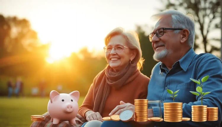 Pareja madura al aire libre durante la hora dorada con una alcancía, monedas y una planta en crecimiento que simbolizan el crecimiento financiero y una jubilación feliz.