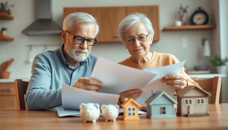 Pareja de ancianos sentados en una mesa de cocina revisando documentos financieros, con una alcancía y un modelo de casa cerca, bañados en suave luz natural.