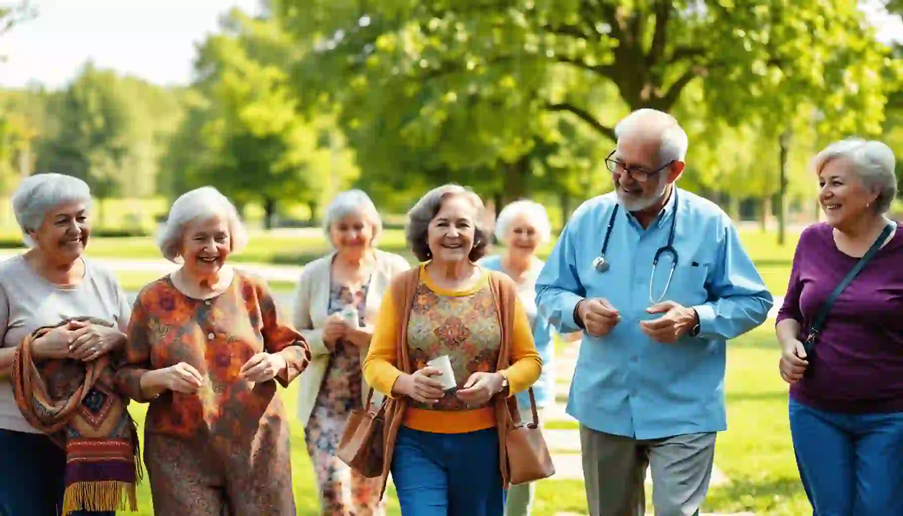 Personas mayores felices haciendo manualidades, recibiendo apoyo en salud y caminando juntas en un parque soleado con abundante vegetación, simbolizando comunidad y bienestar.