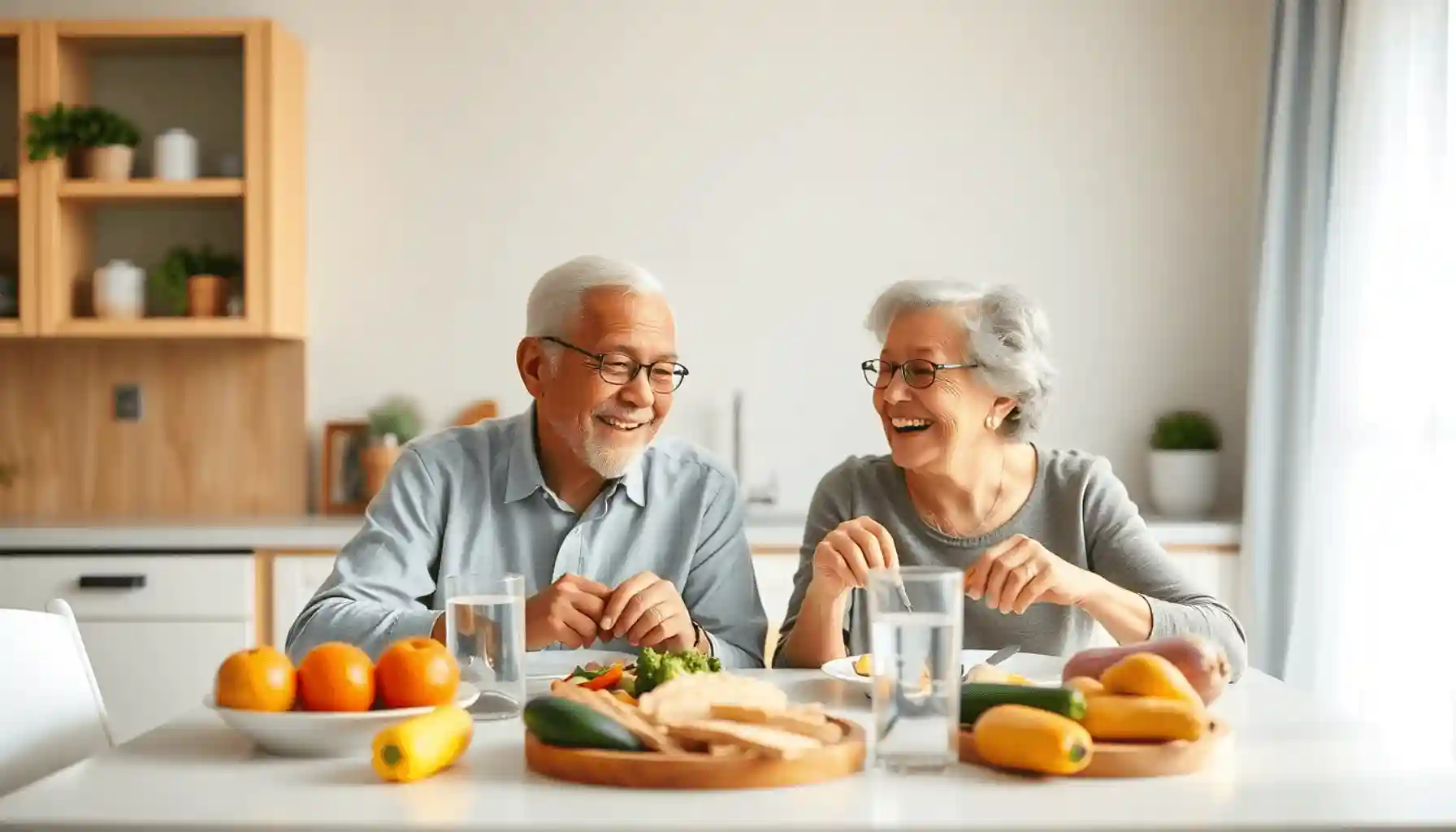 Pareja de ancianos sonriendo en una mesa de cocina con frutas, verduras y agua frescas, disfrutando de una comida saludable que promueve la salud digestiva.