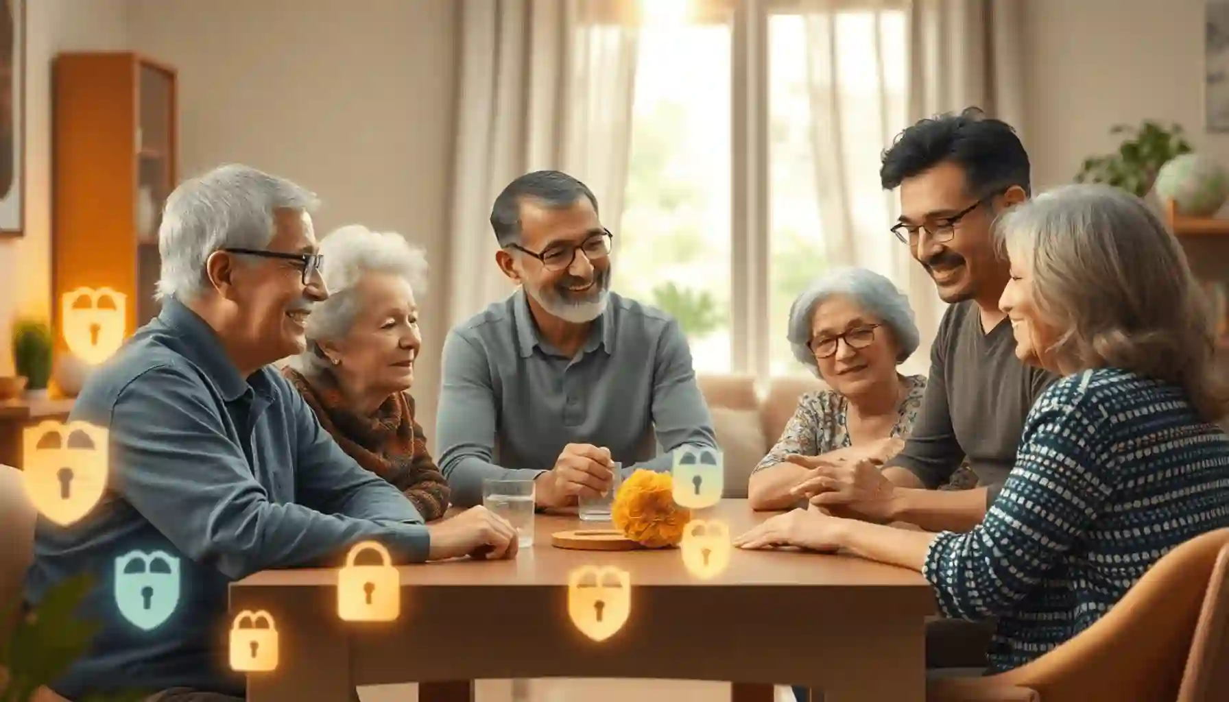 Familia multigeneracional compartiendo una cálida conversación alrededor de una mesa, con suaves escudos brillantes cerca, en una luz natural acogedora que simboliza confianza y cuidado.