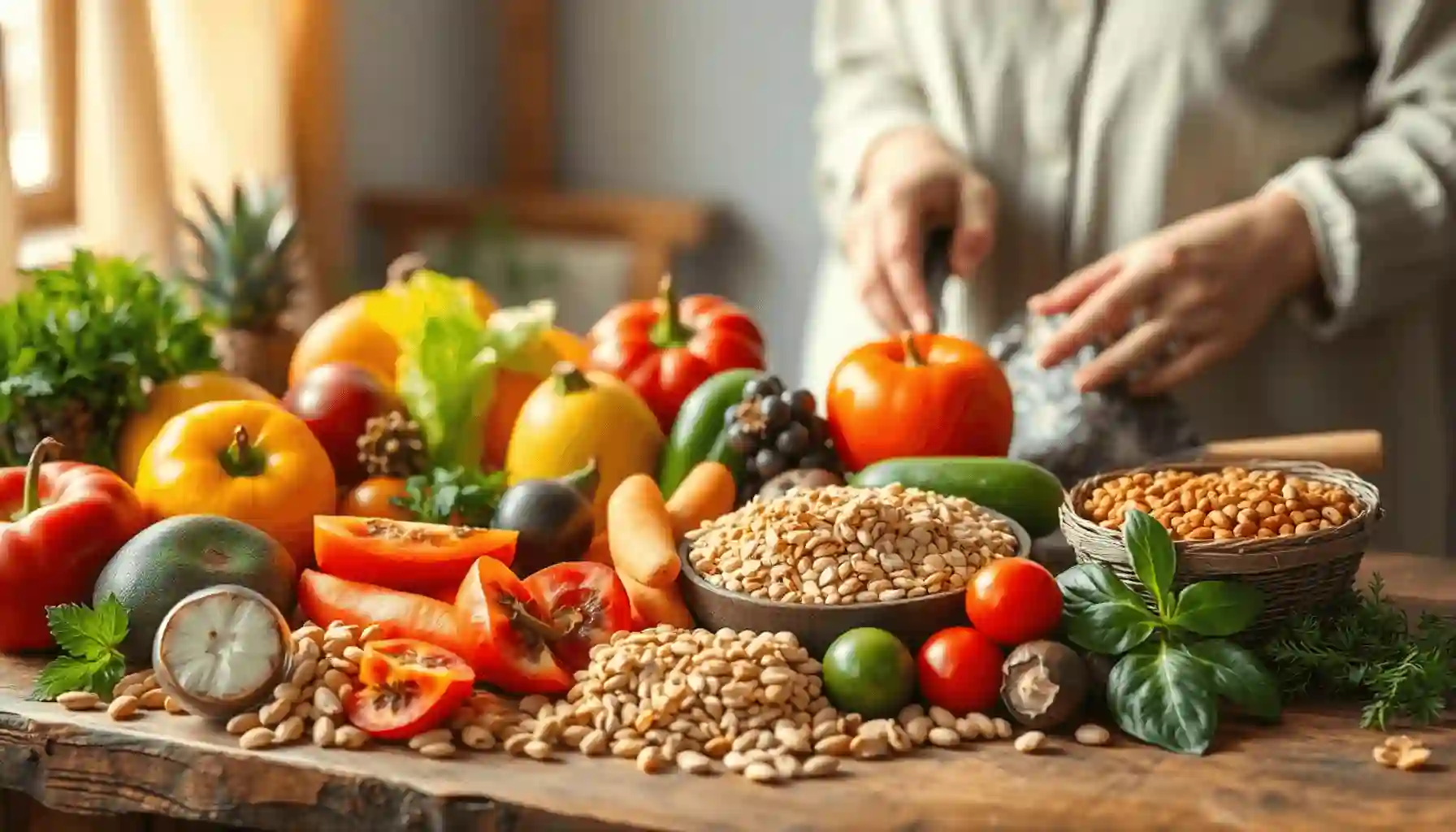 Una mesa de madera rústica llena de frutas frescas y coloridas, verduras, granos enteros y nueces, suavemente iluminada para resaltar las texturas vibrantes y crear un ambiente cálido y nutritivo.