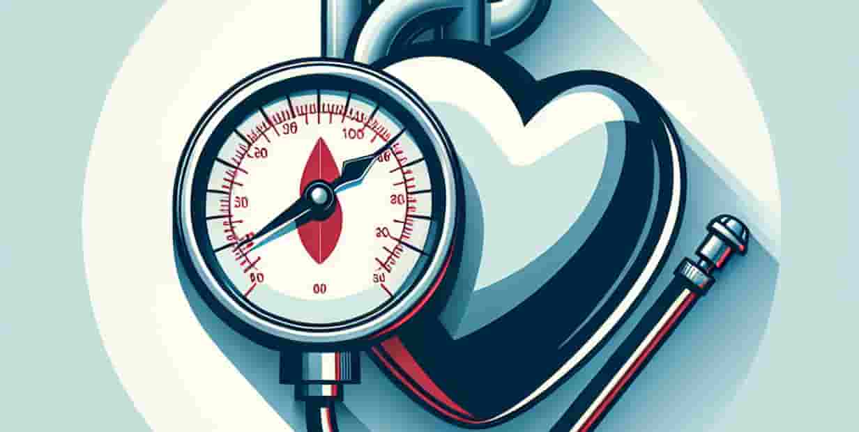 Un corazón y un manómetro entrelazados, que representan la condición médica de la hipertensión y sus riesgos y métodos de prevención asociados.