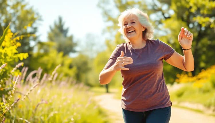 Mujer mayor alegre haciendo ejercicio al aire libre en la naturaleza, rodeada de colores vibrantes y un ambiente brillante y edificante, simbolizando un envejecimiento activo, saludable y tiempo libre.