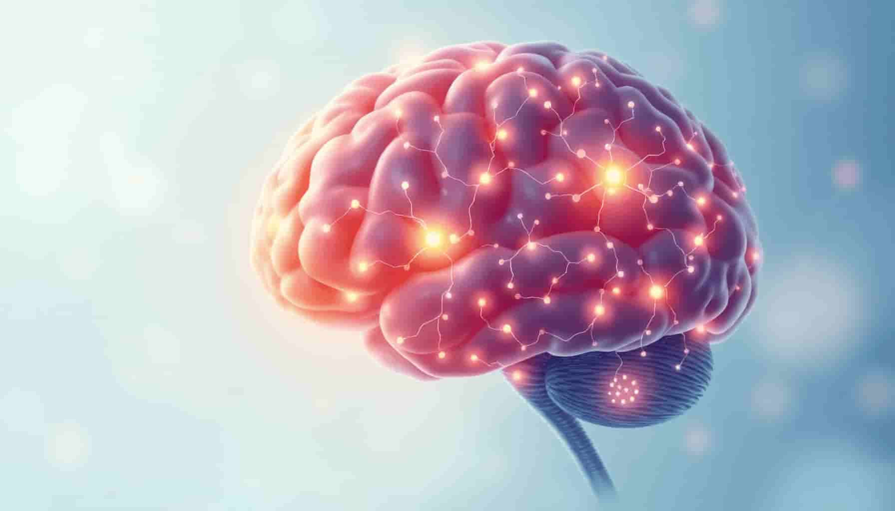 Una ilustración vibrante de un cerebro humano con neuronas y sinapsis brillantes, situada sobre un suave fondo azul y verde, simbolizando la neurogénesis y la memoria.