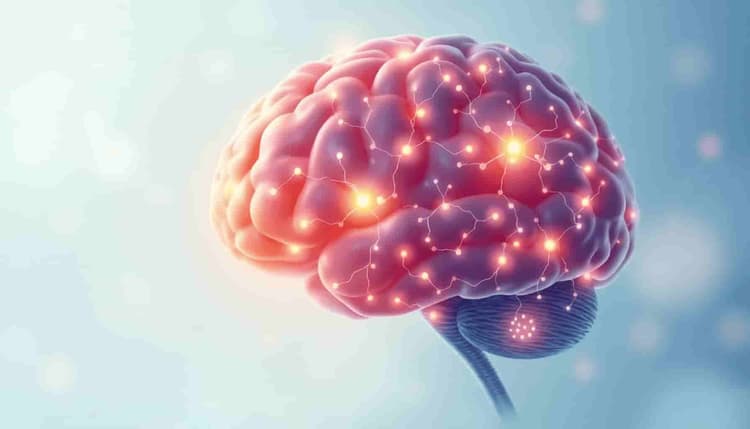Una ilustración vibrante de un cerebro humano con neuronas y sinapsis brillantes, situada sobre un suave fondo azul y verde, simbolizando la neurogénesis y la memoria.