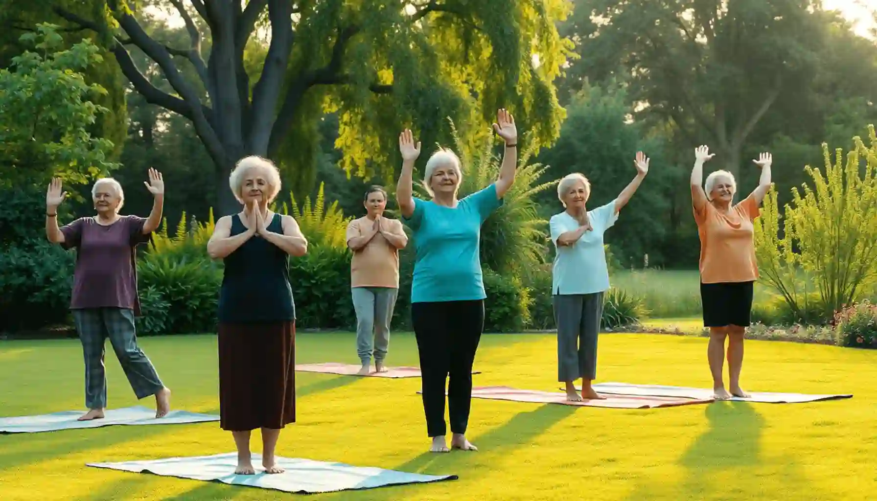 Adultos mayores practicando yoga suave en colchonetas en un jardín tranquilo al amanecer, rodeados de exuberante vegetación y suave luz natural.