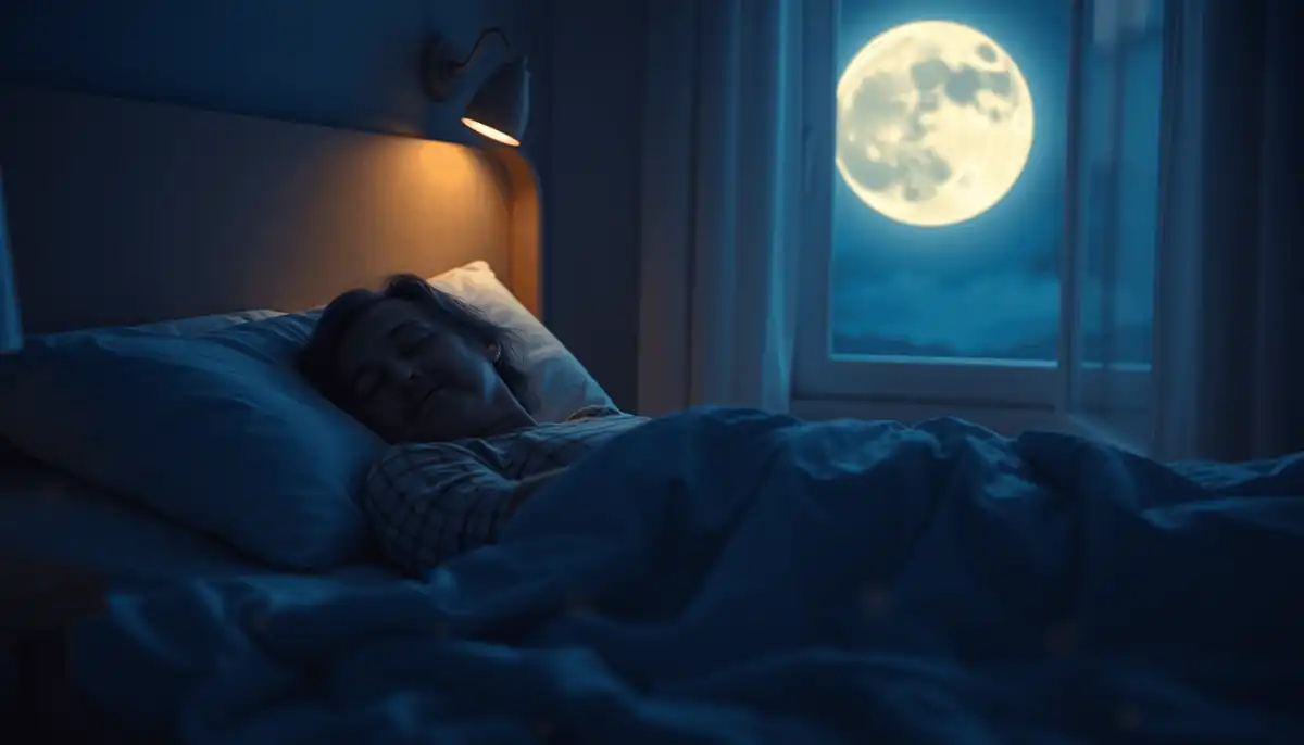 Persona mayor descansando plácidamente en la cama por la noche, iluminada suavemente por la luz de la luna, rodeada de delicados símbolos brillantes que evocan ritmos de sueño y tranquilidad.