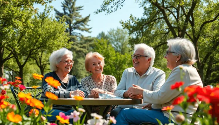Un grupo de adultos mayores felices disfrutando de una reunión al aire libre soleada en un parque, sonriendo y conversando entre árboles y flores.